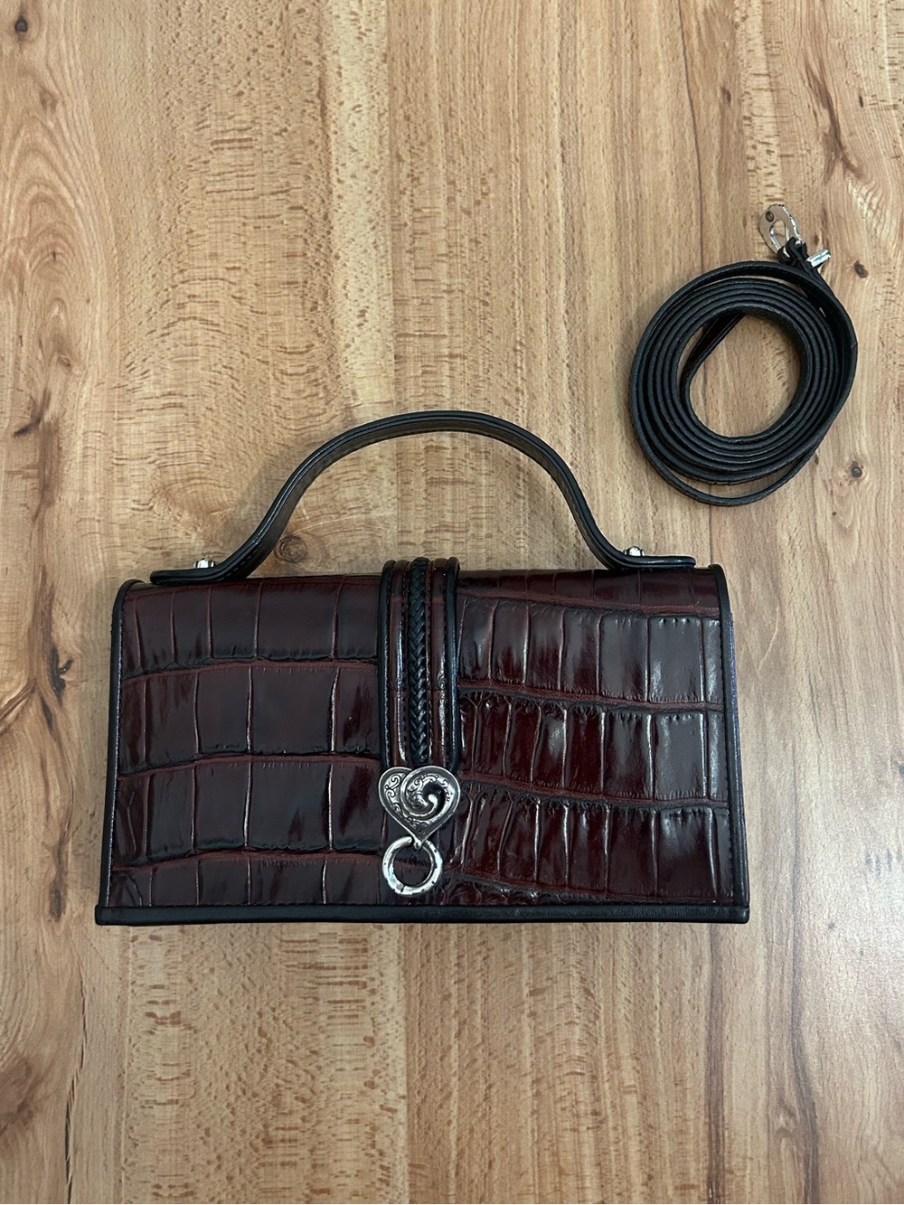 Vintage Brighton brown & black leather reptile embossed convertible handbag
